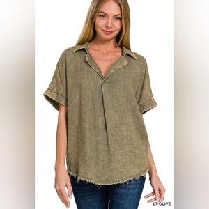 NWT - Washed Linen Blend Raw Edge V Neck Light Olive Blouse - Size S